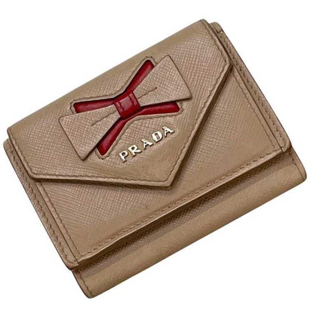 Prada Trifold Wallet Ribbon Saffiano Leather Compact Beige Tan